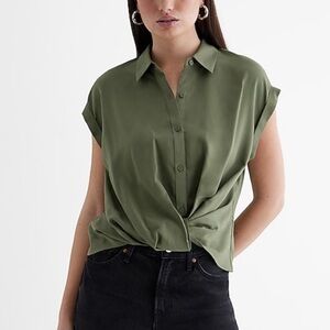 Express. Olive/cactus green twist front top. Size S. Cuffed sleeves.